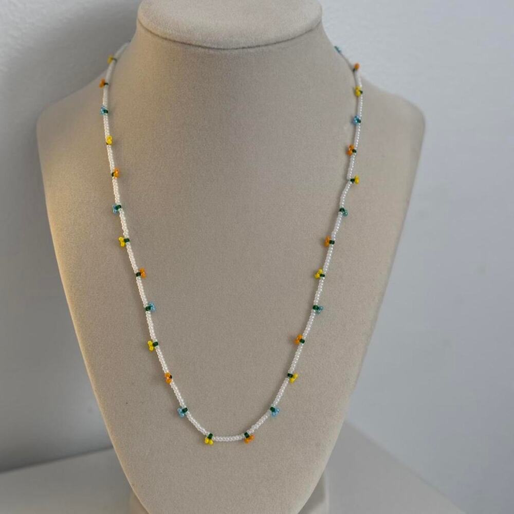 White Yellow Blue Beaded Necklace Handmade Colorful Jewelry Unique Gift - Picture 3 of 4